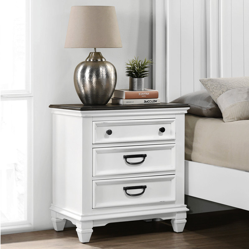 Bedroom Nightstand, Wood Nightstand, Traditional 3-Drawer Nightstand, Weathered White