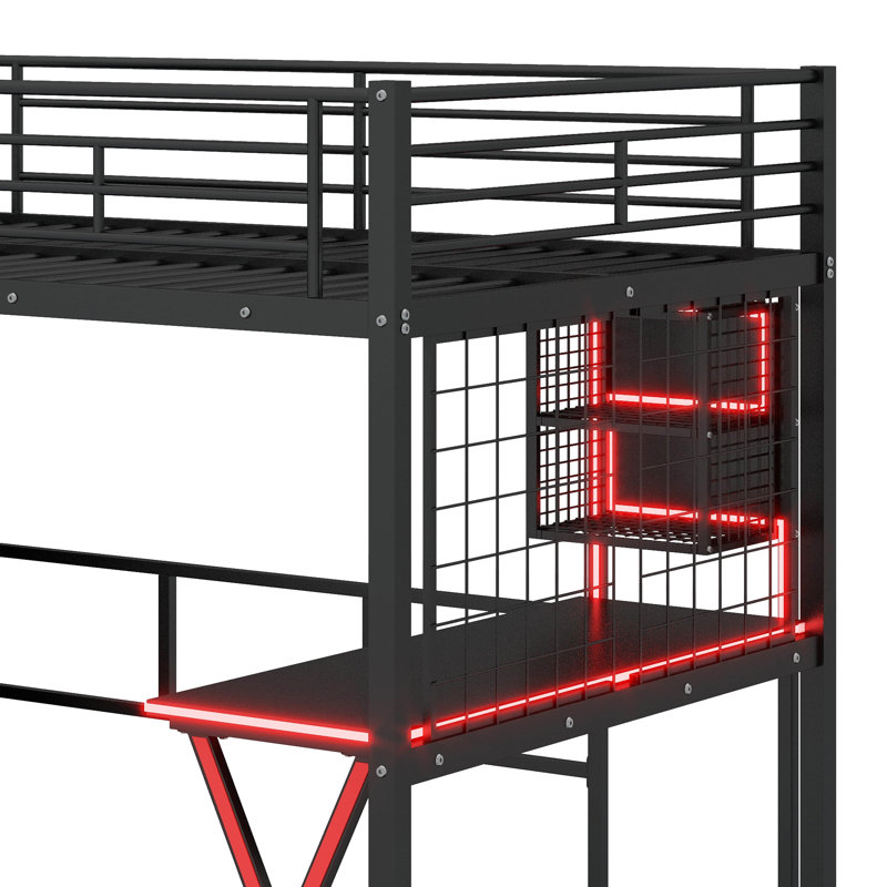 Full Size Metal Loft Bed With Built-In Work Station, Wardrobe, Storage Staircase And LED