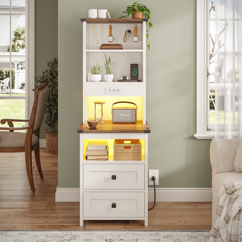 2 Drawers Farmhouse Tall Nightstand with Charging Station and Bookshelf, Antique White, 1