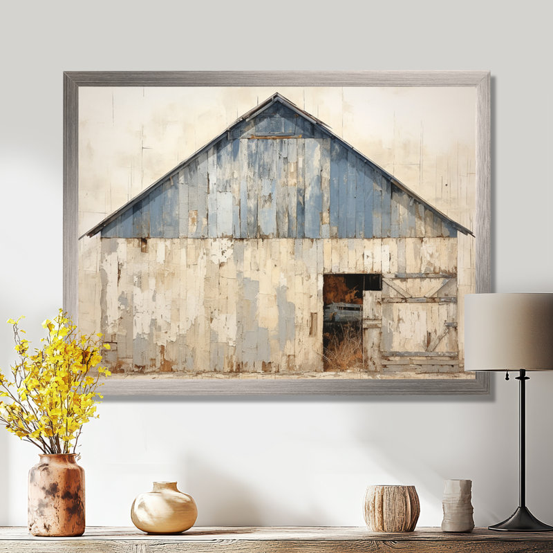 Beige et bleu grange - art mural de grange, H 16 po x l 32 po x P 1 po, Cadre argenté