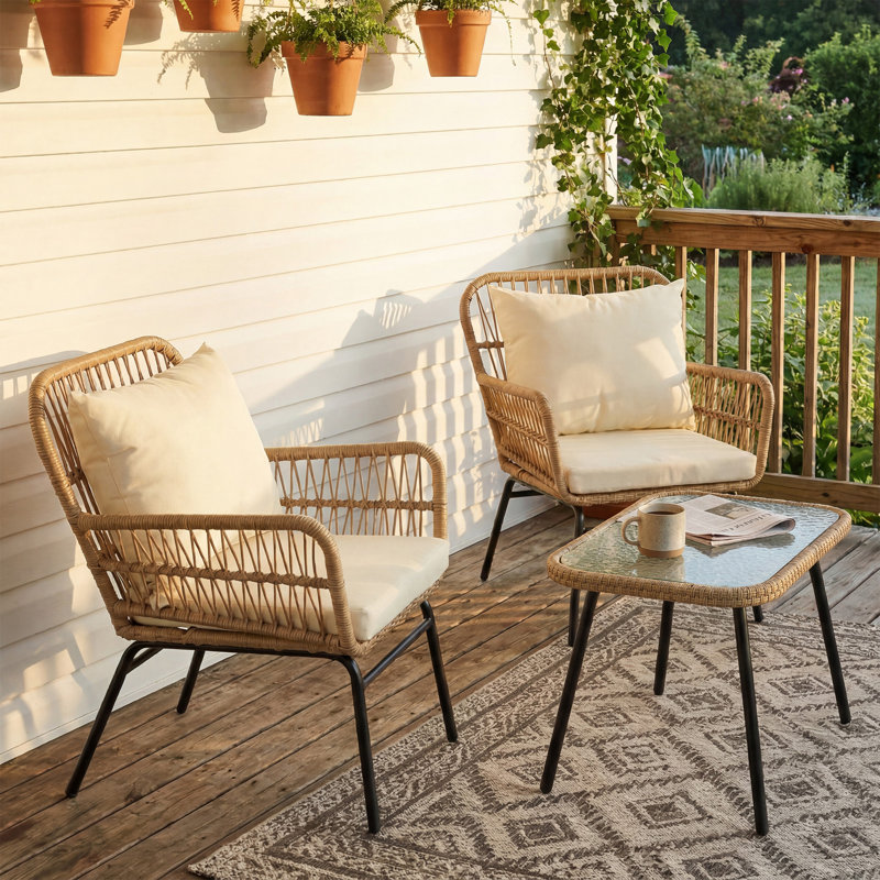 Alfhild 2 - Person Boho Natural Wicker Patio Conversation Set with Cushions and Rectangular Table, Beige/Beige