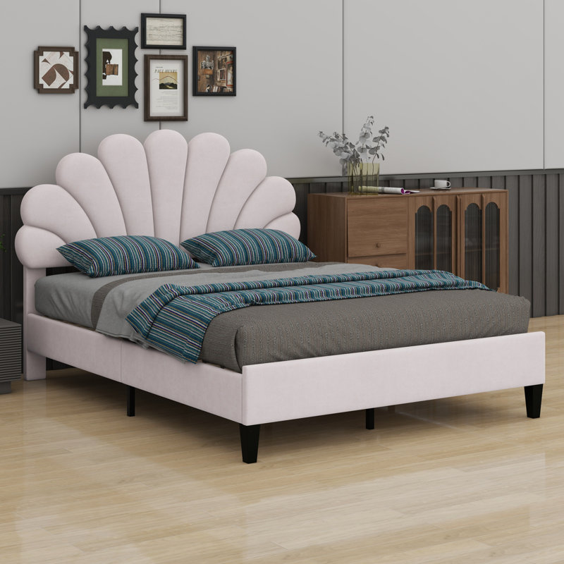 Lit plateforme tapissier avec tête de lit à motif floral, Beige, Grand lit