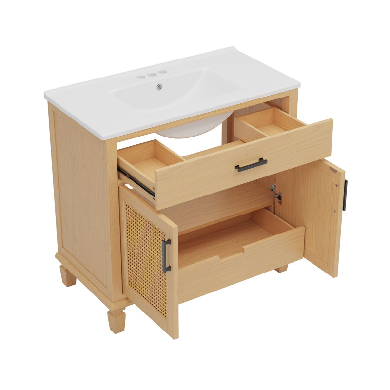 Meuble-lavabo en rotin avec lavabo en céramique, Naturel