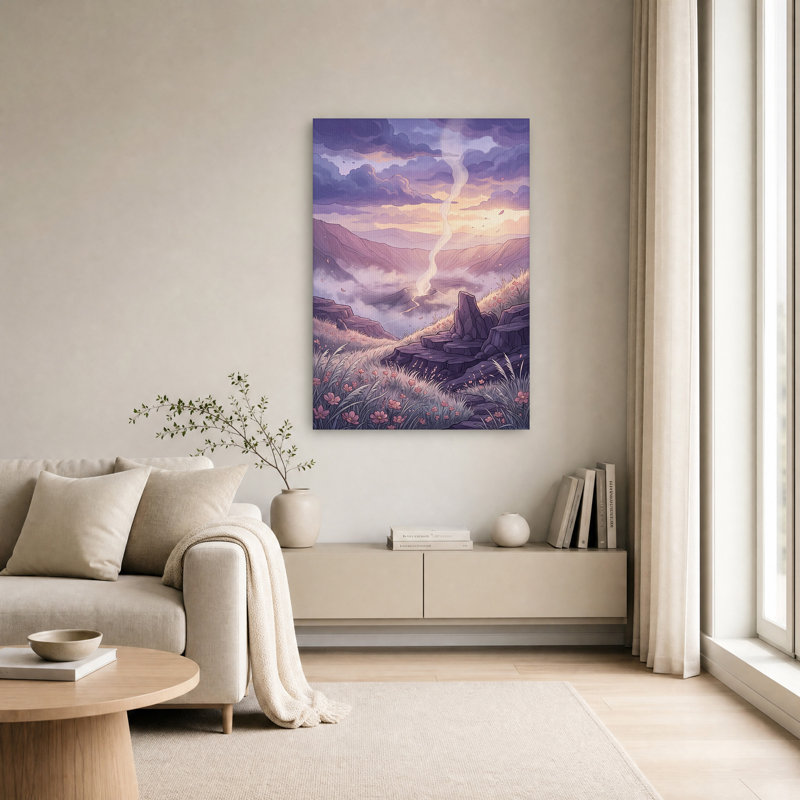 Art sur toile, "Mauve montagne avec fleurs roses", H 24 po x l 16 po