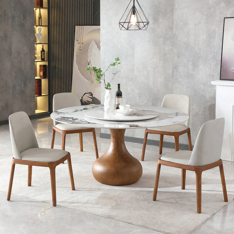 Table de salle à manger en marbre moderne, table en pierre frittée ronde de 59 po pour la salle à manger, cuisine, coin-repas, espace compact avec plateau tournant (4 chaises)
