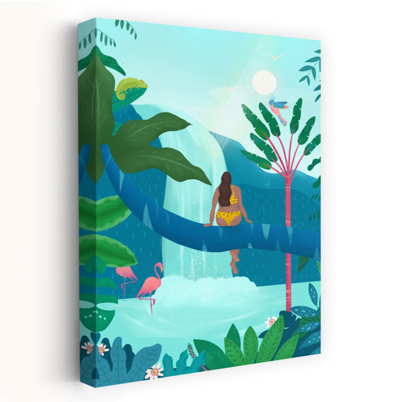 Jungle Girl Abstract Palm Tree Bird Flamingo Forest Landscape Wall Art Print, 91.44cm H x 60.96cm W
