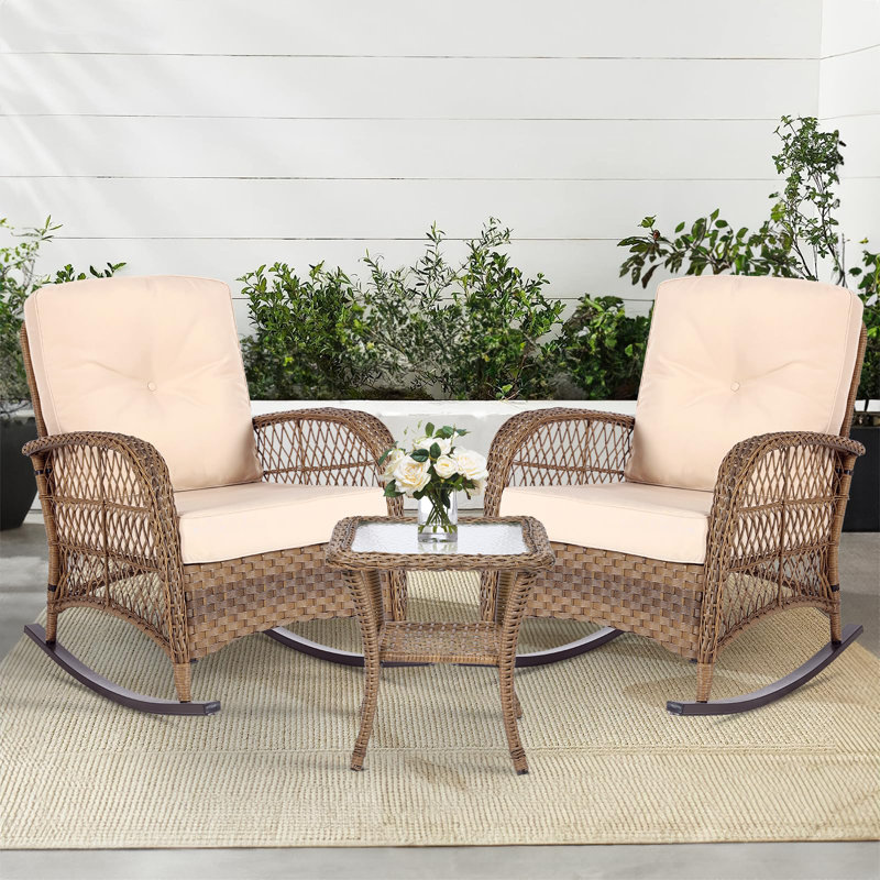 Beige and Brown Wicker Rocking Chair Set with Glass-top Table