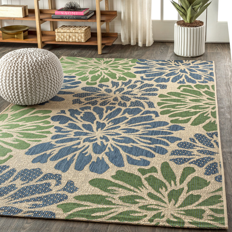 Hagy Modern Floral Textured Weave Navy/Green Indoor/Outdoor Rug, Rectangle 7'9" x 10'