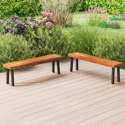 Outdoor Acacia Wood Benches Set of 2 w/ Slatted Top & Flared Metal Legs by 17 Stories