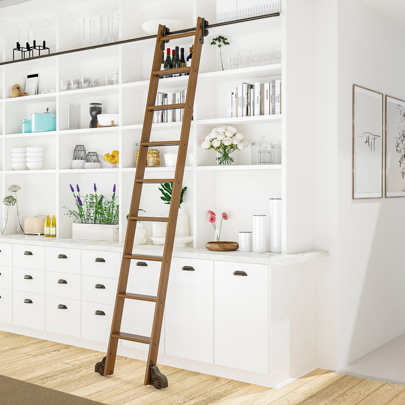 Walnut 8.92' 8-Step Wood Rolling Sunburst Wheel Ladder, Bronze