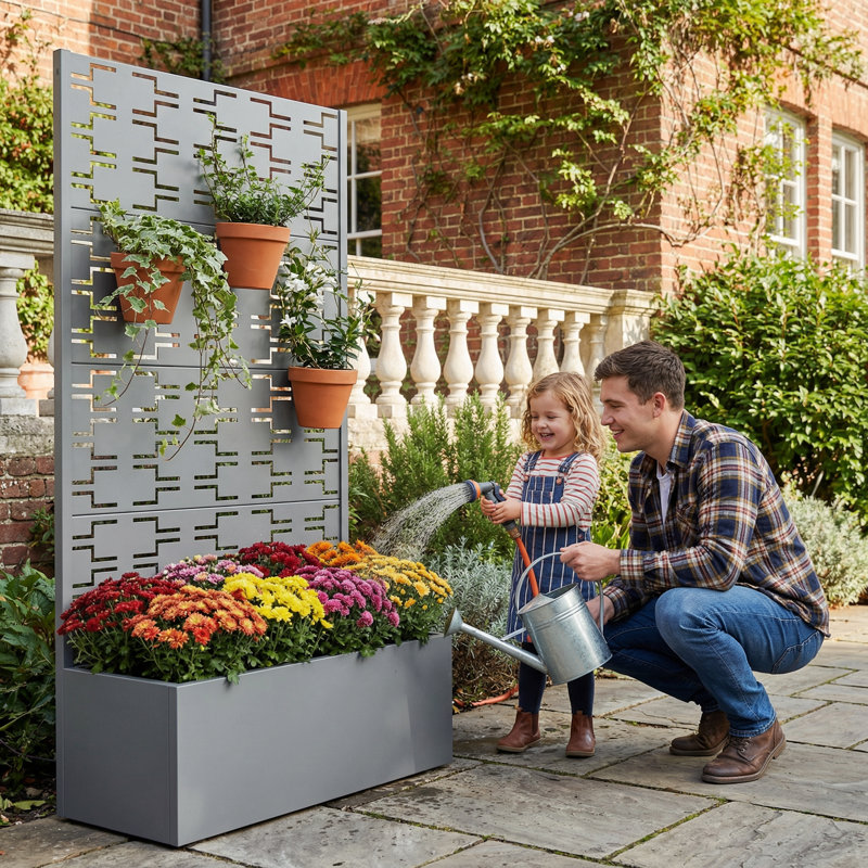 Vito Metal Planter Box With Trellis With Wheels, Gray