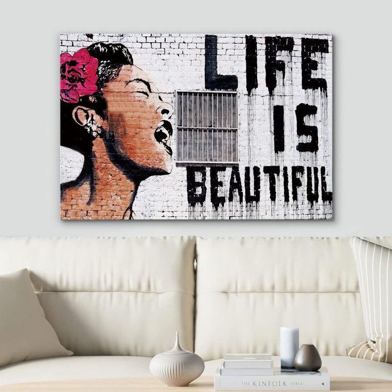 Banksy Life is Beautiful Billie Holiday Graffiti & Street Art Célèbre Pop Moderne Urbain Multicolore, Toile tendue
