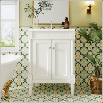 Meuble-lavabo moderne de 24 po avec lavabo supérieur, rangement à 2 niveaux, lavabo simple et grandes tablettes pour une organisation améliorée