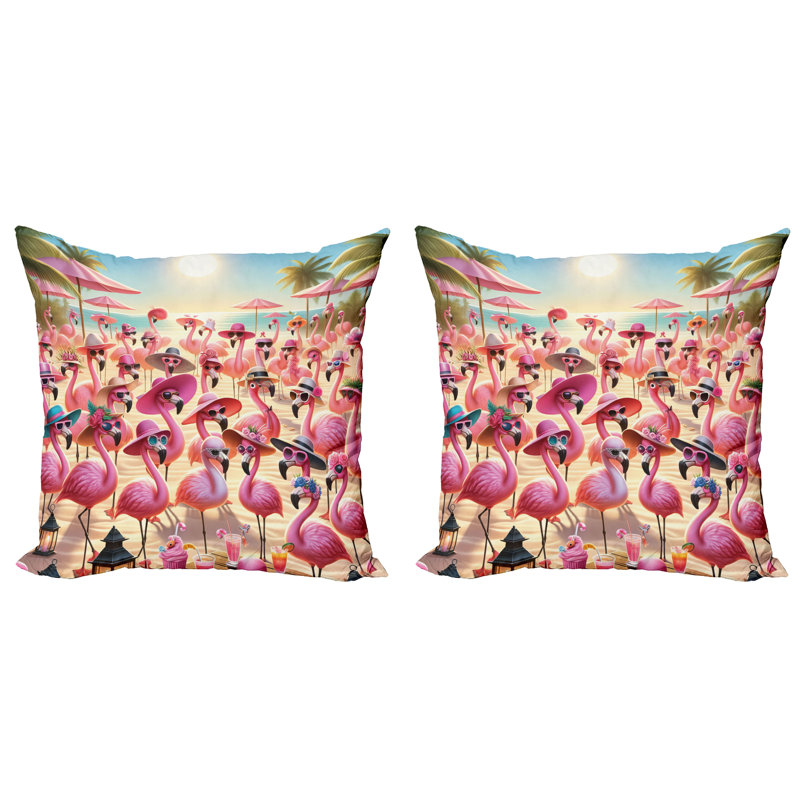 Pink Flamingo Beach Scene Microfiber Reversible Throw Pillow Set