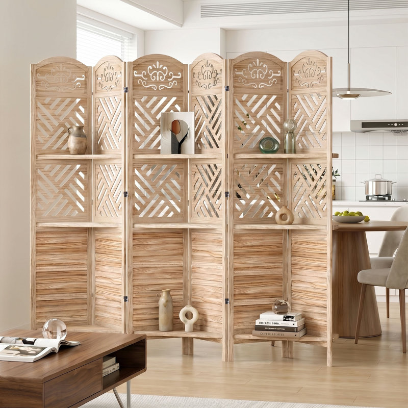 Paravent en bois sculpté avec tablettes - Paravent pliant à persiennes, 6, Bois