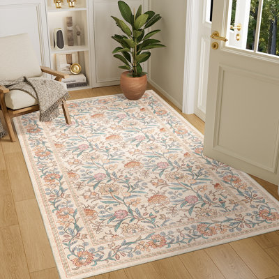 4x6 Washable Area Rug, Non Slip Soft Vintage Floral Rug for Living Room, Lightweight & Low Pile Floor Mat Stain Resistance Indoor Throw Carpet for Bedroom, Dining Room, Kid Playroom, Beige