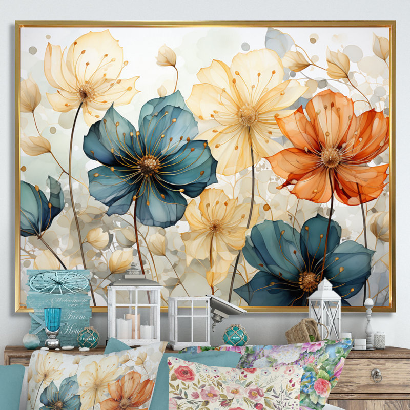 «Teal Orange Petal Mosaics I», art mural abstrait botanique pour le salon, H 30 po x l 40 po, Gold