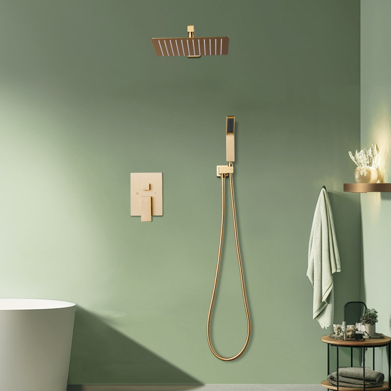 Complete Shower System With Rough-In Valve with 12 Inches Rain Shower Head, Brushed Gold