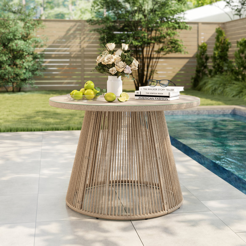 Outdoor Patio Round Dining Table With Tempered Glass