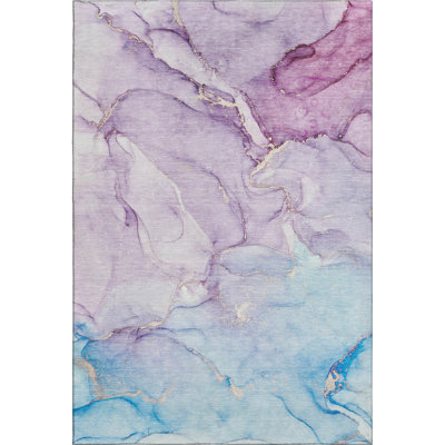 3' X 5' Purple Blue And Ivory Abstract Washable Area Rug With UV Protection