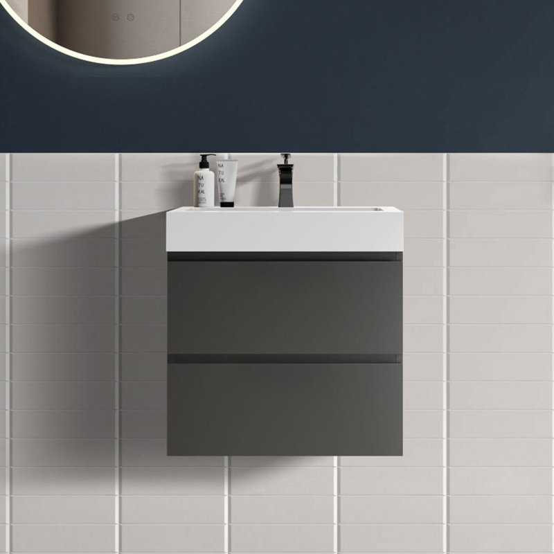 Meuble-lavabo simple mural 24 po avec surface solide avec trop-plein, 24 po, pré-assemblé, Gris espace, 24", Blanc