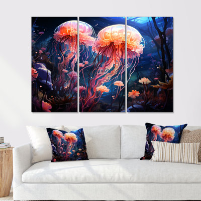 Blue And Pink Jellyfish Dance II - Coastal Coral Under Water Wall Art Print Set