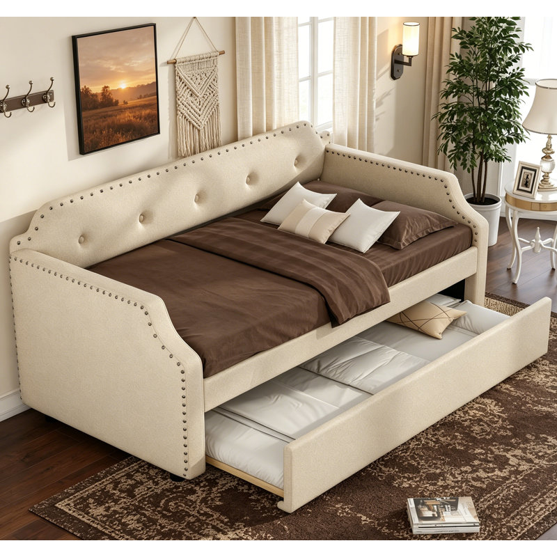 Élégant lit de jour rembourré en lin avec couchette, support en lattes de bois et matelas simple compatible, beige