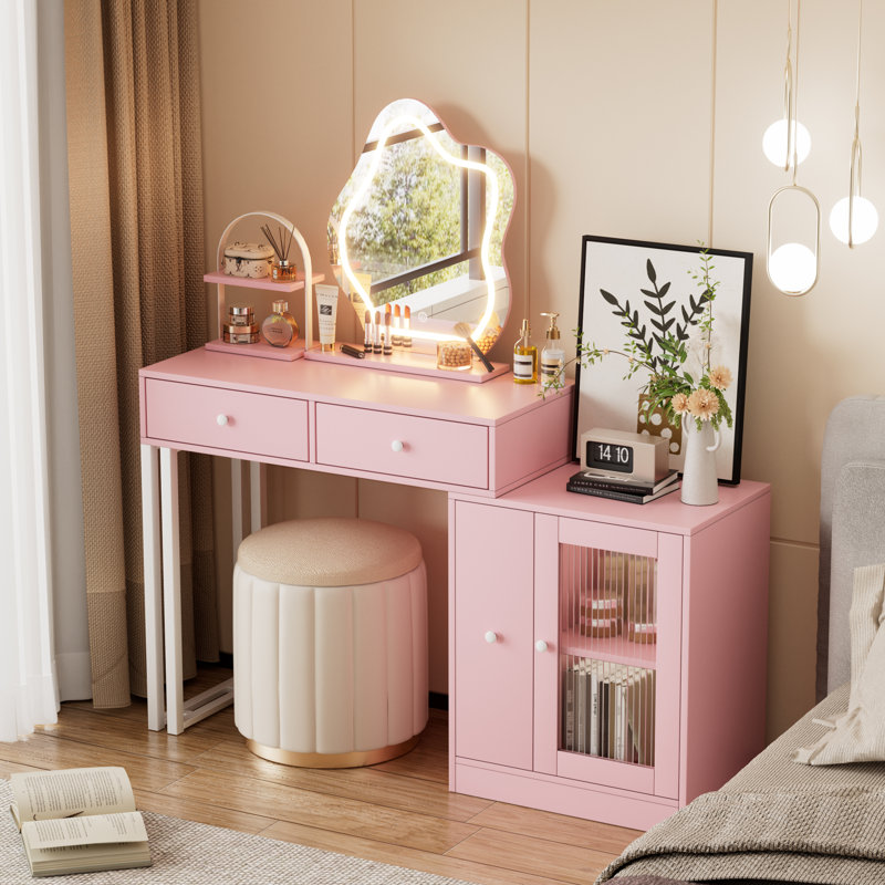 Korion Makeup Vanity with 3-color Touch Screen Lighted Mirror, Makeup Table with Drawers and Storage Cabinet