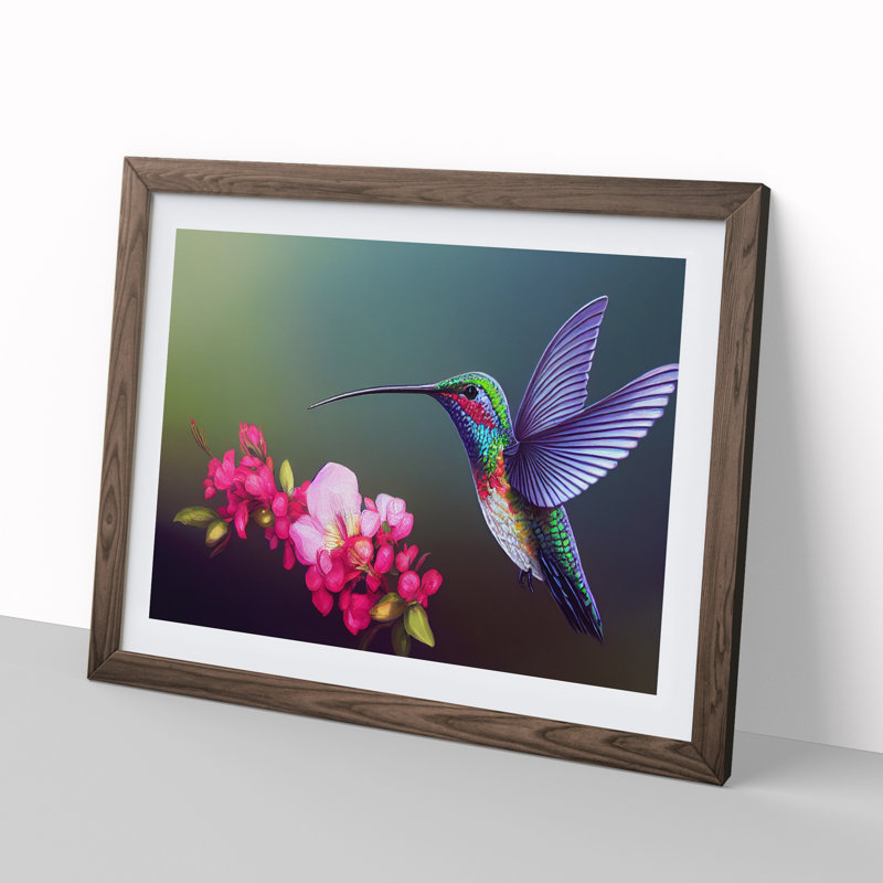 XH1022-9492X Unreal Floral Hummingbird - Single Picture Frame Print, 25cm H x 34cm W x 2cm D, Walnut