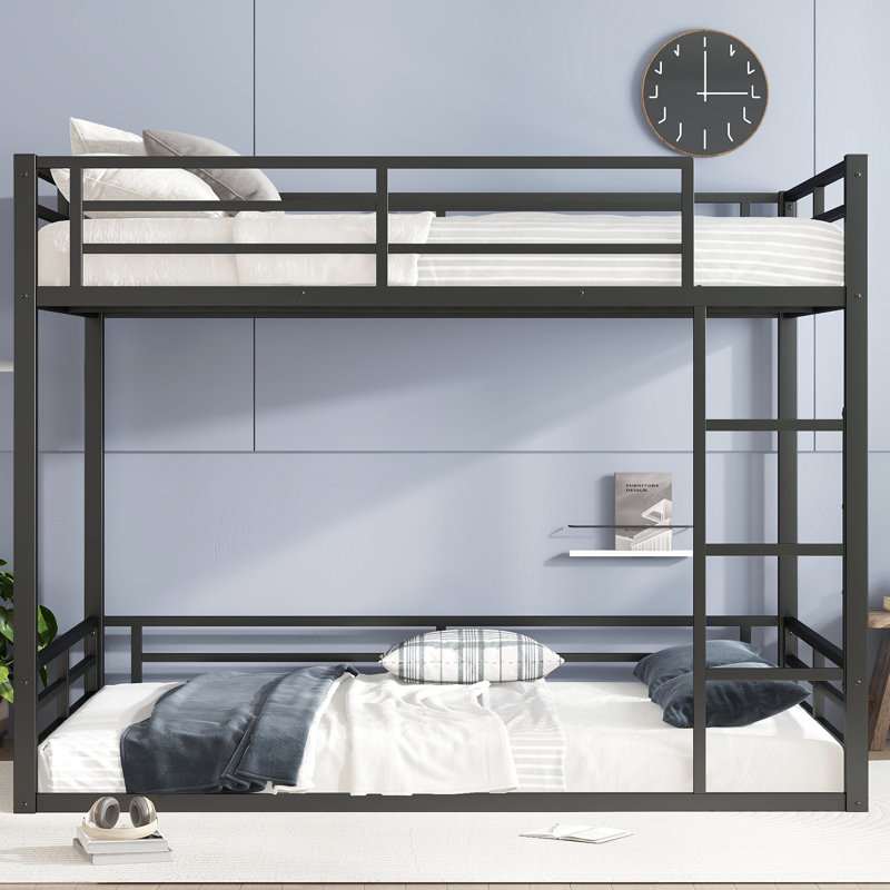 Queen Over Metal Bunk Bed, And Long-Term Use, Noise-Reducing Structure, Low Lower Bunk, Quick Installation With Tools Size Both Beds, Space, Noise Performance, Full Guardrails, Matte Black Look