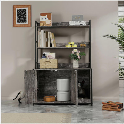 Large Cat Litter Box Enclosure With Shelf Storage, Hidden Cat Washroom Furniture, Wooden Cat House With Scratch Pad, Sturdy Indoor Cat Cabinet With 2 Doors(Grey)