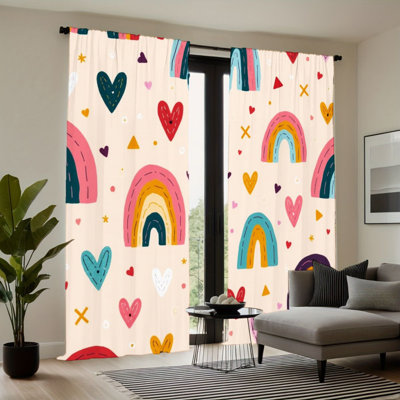 2Pcs Rainbow Heart Pattern Curtains, Rod Pocket Sun Blocking, Boho Style, All-Season For Living Room Bedroom Study Window Decor