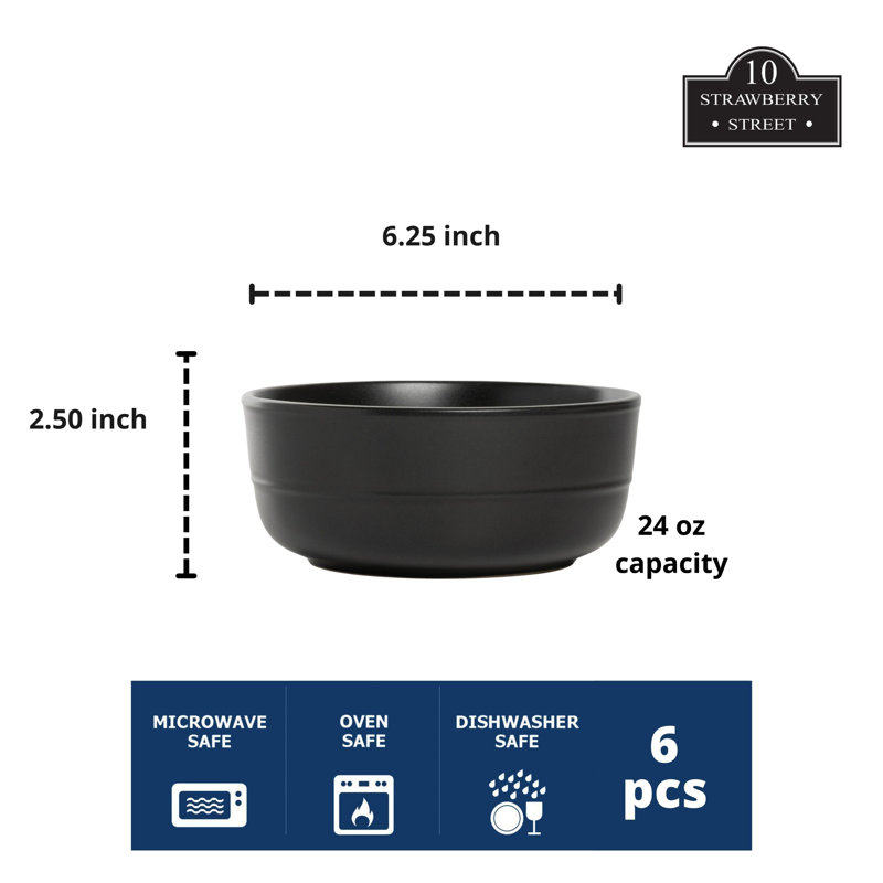 24 oz Ensemble de 6 bols à céréales, Noir mat