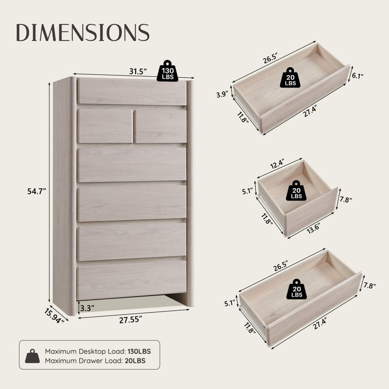Commode 7 tiroirs Bolanos, 54.7" H x 31.5" W x 15.94" D, Crème
