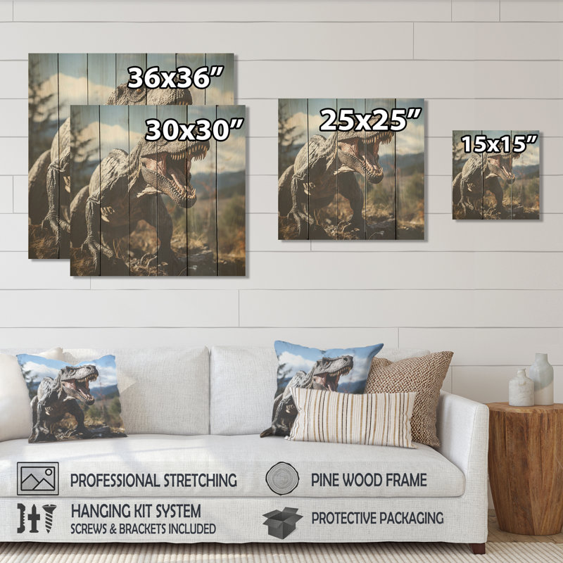 «Gray and Green Dinosaur Call II» - impression de dinosaure sur bois, H 15 po x l 15 po