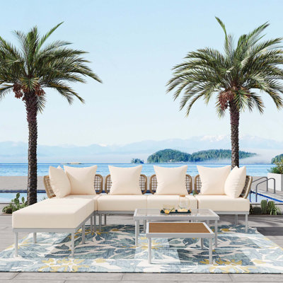 Ensemble de canapé modulaire de patio 8 pièces avec table basse en verre trempé et table basse en bois pour oasis, jardin, patio et piscine