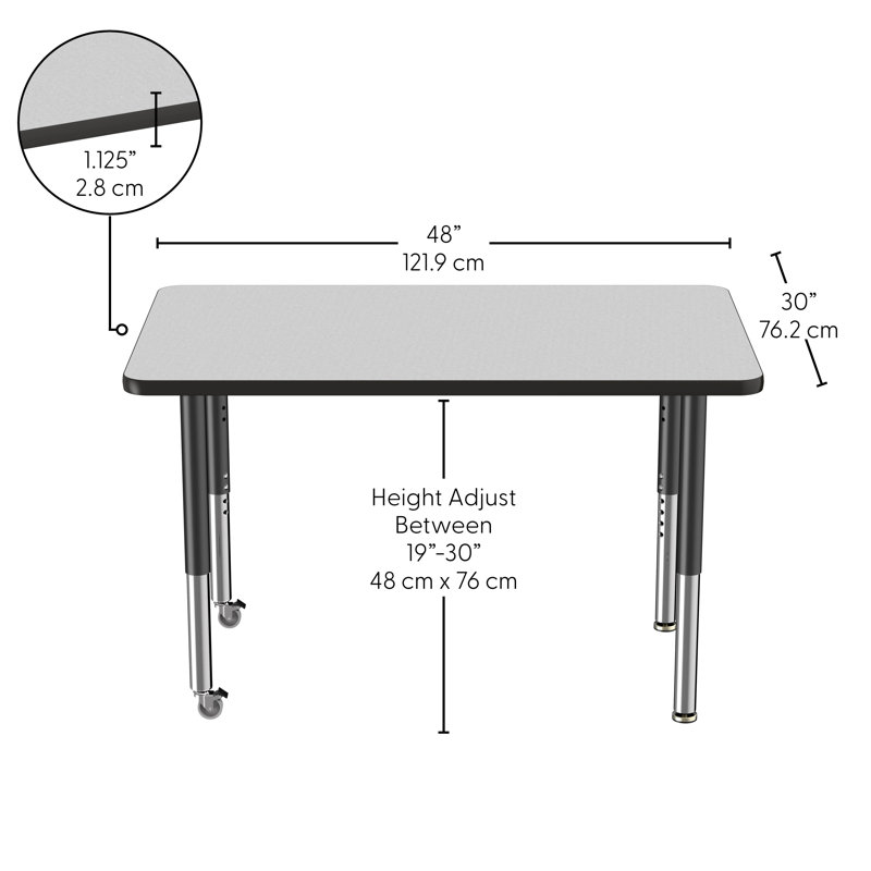 Table rectangulaire d'activité rectangulaire avec pieds réglables, Gris/noir, Super, 30" x 48"