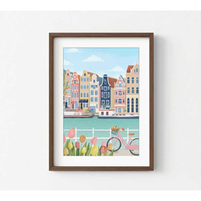 Tulipes au bord du canal - reproduction d'art de voyage à Amsterdam