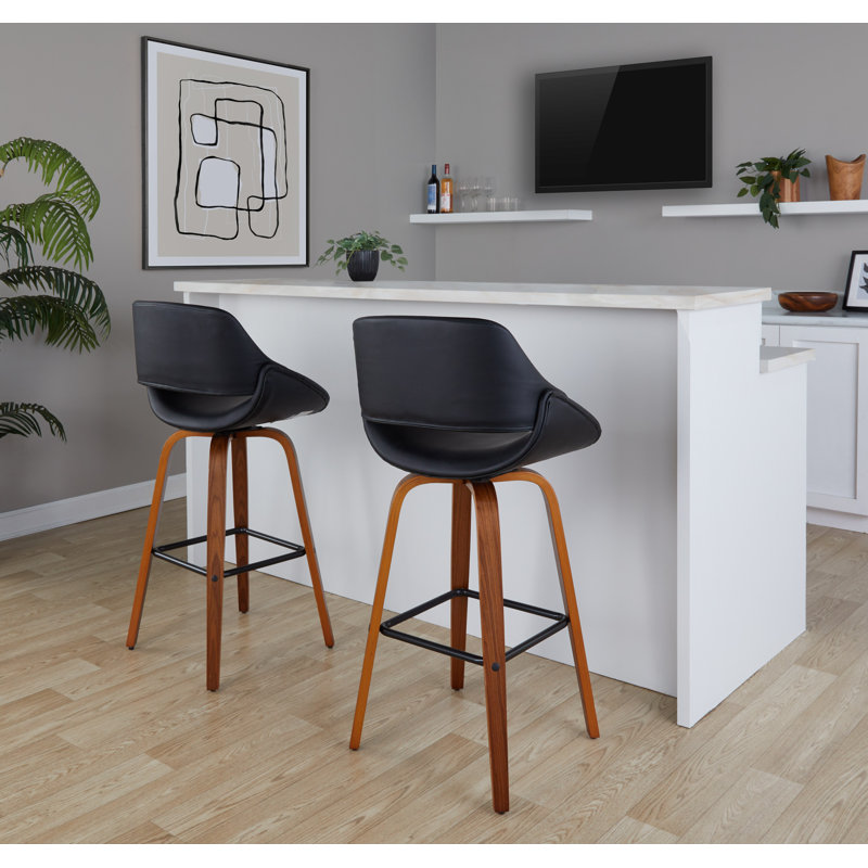 Najrin Fixed-Height Faux Leather Bar & Counter Stool with Bent Wood Legs & Square Footrest (Set of 2), Black
