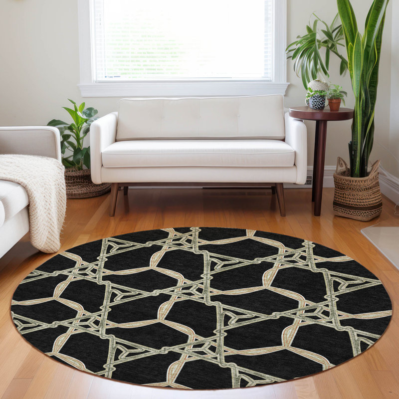 Addison 8' Round Black Geometric Synthetic Rug