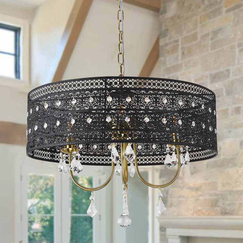 Modern Luxury 4-Light Black Lace Drum Crystal Chandelier with Adjustable Gold Chain