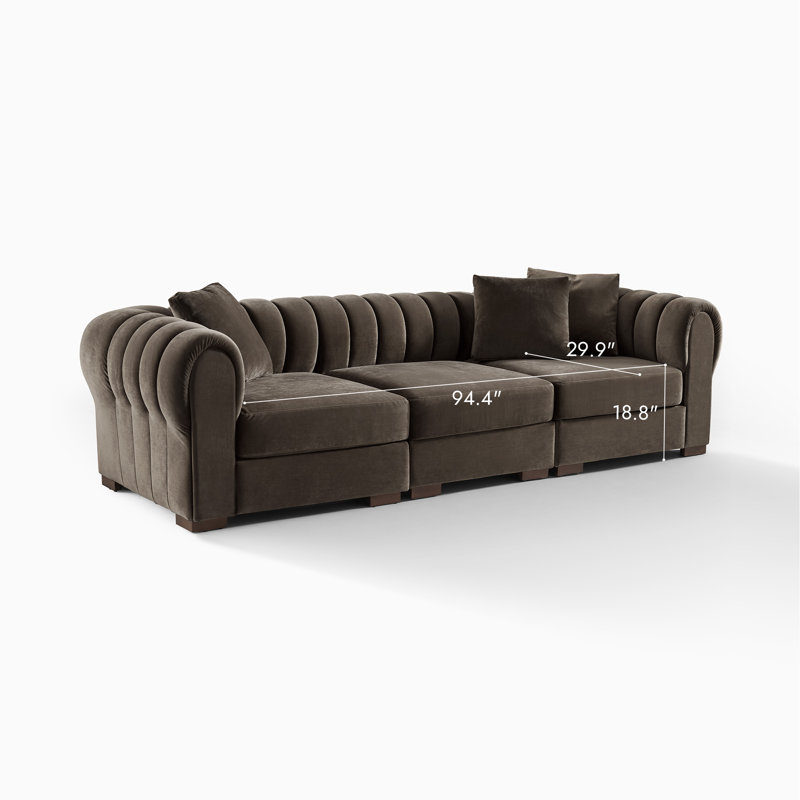 Canapé modulaire de style Mid-Century modulaire rembourré de 115 po en velours gris pour salon, 3-Seater, Grey Velvet