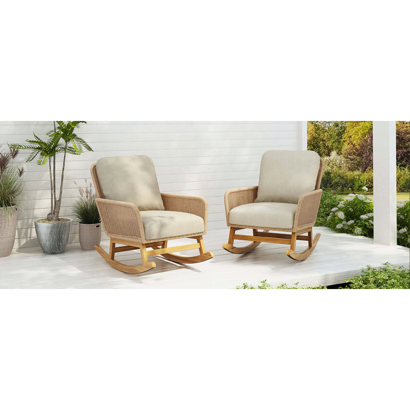 Modern PE Wicker Rocking Chair With Cushions (Set of 2), Beige, Natural Wood