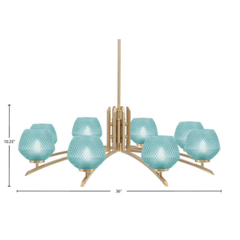 Lustre 8 lumières kurve présenté en finition nouvel âge en laiton avec verre texturé de 6 po, Bleu sarcelle