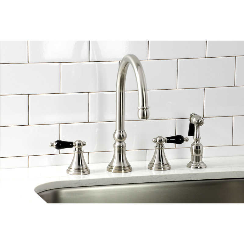 Kingston Brass Duchess Double-Handle 4-Hole Widespread Kitchen Faucet with Brass Sprayer, Brushed Nickel