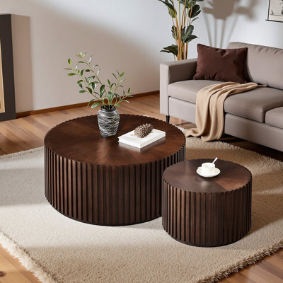 Nesting Coffee Table Set of 2, Solid Wood Round Coffee Table with Small End Table, Chocolate by Latitude Run