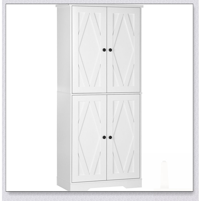 Garde-manger autoportant de style campagnard avec 4 portes de grange et tablettes réglables, blanc, parfait pour le rangement organisé et l'esthétique rustique