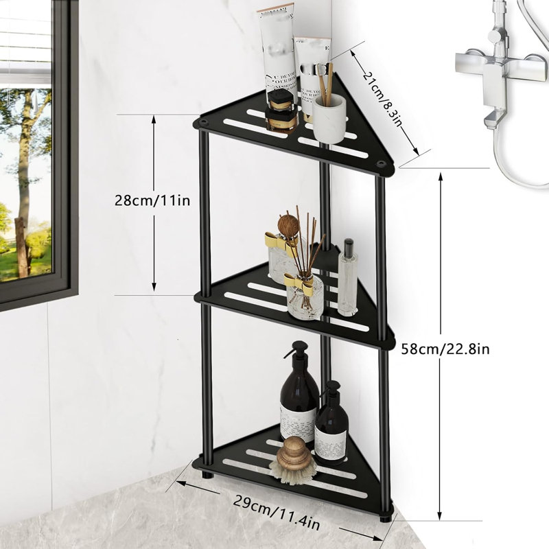 Étagère de douche d'angle sur pied à 3 niveaux en acier inoxydable antirouille, support de rangement d'angle pour salle de bain, noir