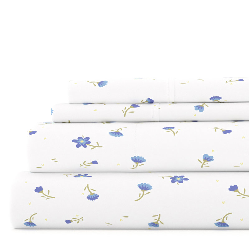 Light Blue Floral Queen Microfiber Deep Pocket Sheet Set