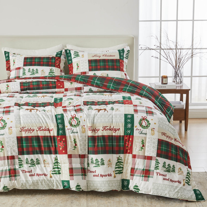 Microfiber Comforter Set with Shams, Queen Comforter + 2 Standard Shams, Holiday Patchwork